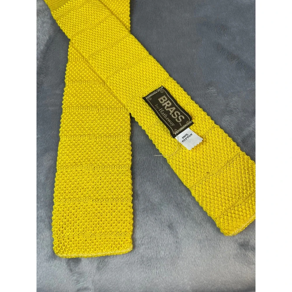 Brass by Hathaway Mens Yellow Knit Tie Cotton Square End Skinny‎ Necktie Vintage